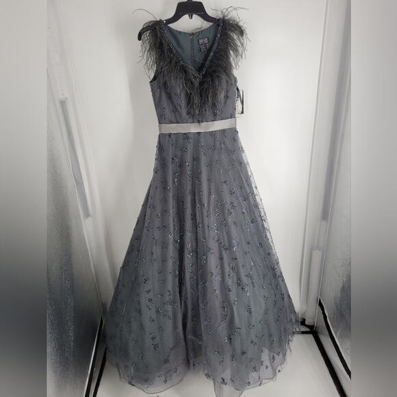 Basix Charcoal Feather Trim Sequin Sleeveless A Line Gown 6 - Picture 3 of 16